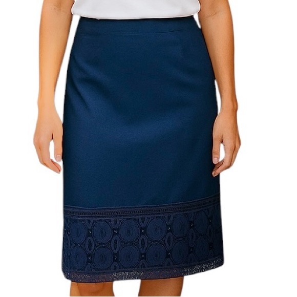 Talbots NWT Navy Blue Pencil Skirt Plus Size Lined w Lace Trim Womens Size 14P - Picture 1 of 7